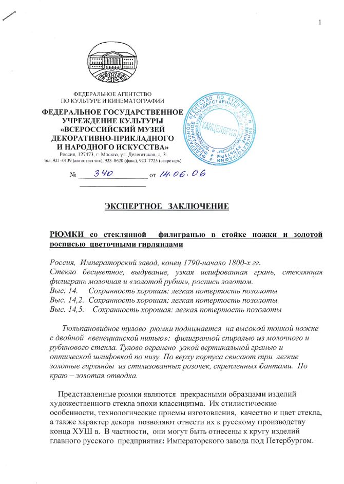 (С экспертизой) Рюмка с филигранью с росписью цветочными гирляндами. <br>Россия, Императорский завод, конец 1790 – начало 1800.